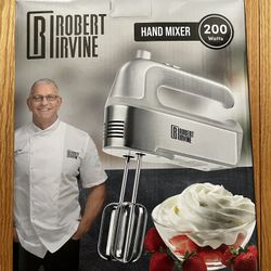 New Robert Irvine 200 Watt 5 Speed Silver Hand Mixer
