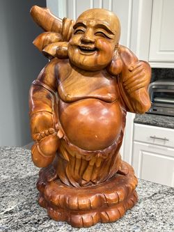 Large 25.5" Vintage Solid Wood Laughing Buddha Statue - Hand Carved 34lbs