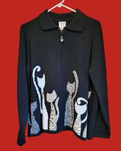 Vtg Allison Daley Size M Black Cat Silhouettes Beaded Full Zip Cardigan Sweater