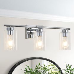 Chrome Bathroom Vanity Light Fixture, 3 Lights Modern Bathroom Vanity Lights Over Mirror with Clear Glass Shade,Brushed Nickel Vanity Lighting Fixture