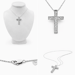 14k White Gold Cross Pendant with Diamonds and 14" Necklace.