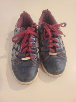 Women's Coach brown canvas and leather sneakers with red accents