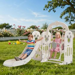 7 in 1 Toddler Slide and Swing Set, Kids Climber Playset with Ball & Hoop, Telescope, Suction Cup Reinforced Base, Baby Indoor Outdoor Playground (Whi