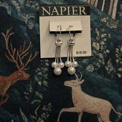 NAPIER • Silver Tone Faux Pearl Drop Earrings 