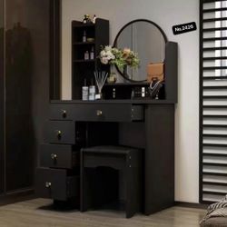 Vanity Set with Round ,Makeup Vanity Dressing Table with 5 Drawers, Shelves, Dresser Desk and Cushioned Stool,Black