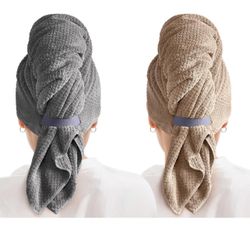 Brandnew 2 Pack Microfiber Hair Towel Wrap for Women, Quick Dry Hair Turban Towel with Elastic Band, Microfiber Plopping Towel for Curly Hair, Stockin