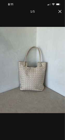Cream Woven Genuine Leather Tote Bag