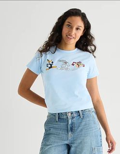 Retro Looney Tunes Characters Graphic Print Baby Tee Light Blue