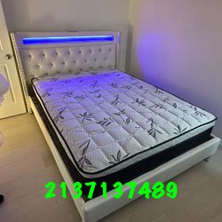 Queen Bed Platform Bed W/ Charging Station & Built-In LED Lights/mattress Included. 💢 Cama Queen Size Con Luz Led / Colchon Incluido / Color Blancaa