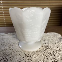 E.O. Brody Co vintage 1960’s white milk glass pedestal vase grapes leaves motif 8-panel 5” nostalgic