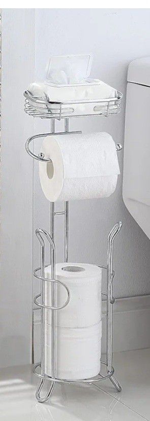 SunnyPoint Bathroom Heavyweight Toilet Tissue Paper Roll Storage Holder Stand with Reserve and Shelve, The Reserve Area Has Enough Space to Store Mega
