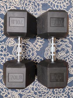 PAIR  OF  70 LB. NEW  RUBBER  HEX  DUMBBELLS   •  also have Rubber : 95s 90s 80s 60s  50s 45s 40s 35s 30s 25s 20s 15s 10s 5s