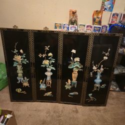 Vintage Asian Mother of Pearl Wall Art Panels Black Floral Set