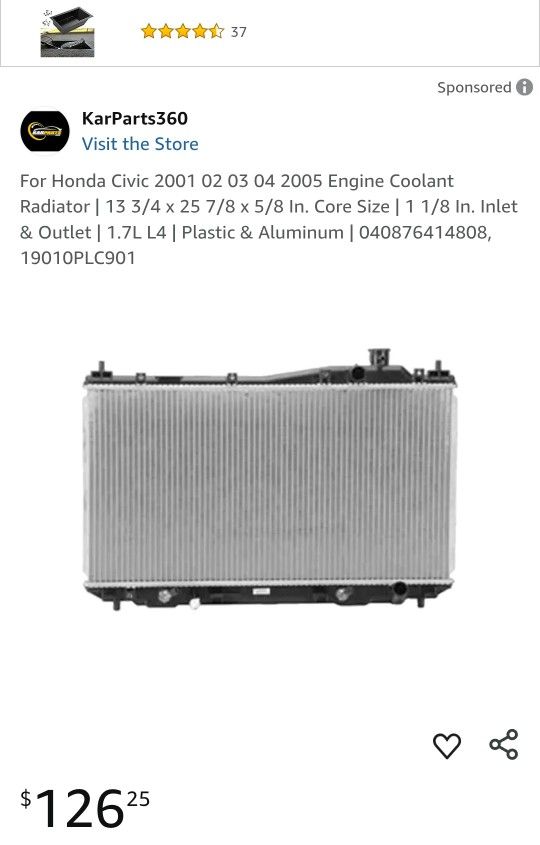 01-05 Honda Civic Radiator Brand New