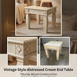 Marketplace Title Vintage-Style Distressed Cream End Table – Diamond Accents, Great Condition!