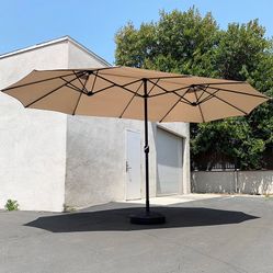 (New in box) $130 Large 15x9 FT Double Sided Umbrella with Weight Base set (Beige color)