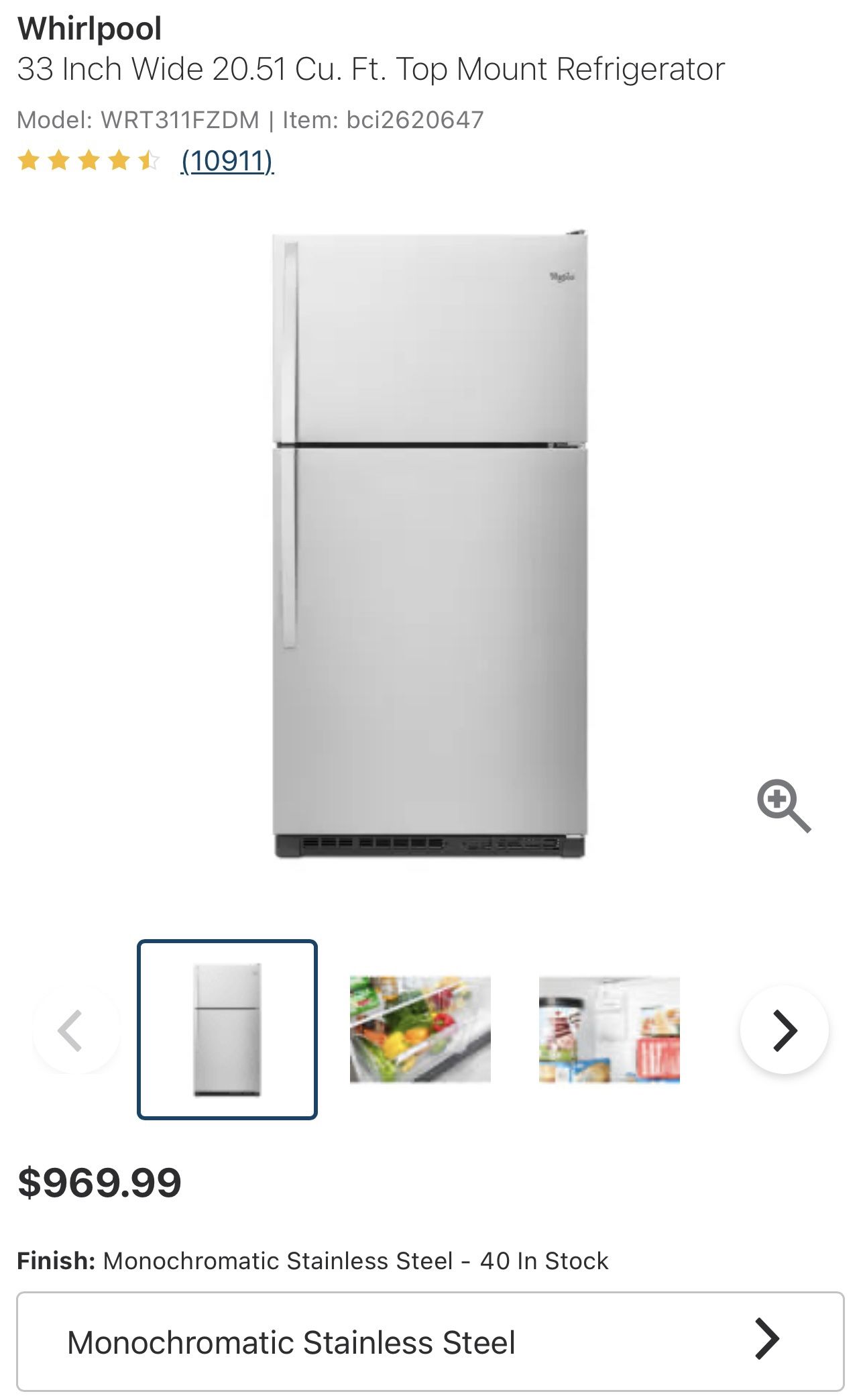Whirlpool Top Mount Refrigerator 33 Inch Wide 20.51 Cu. Ft.