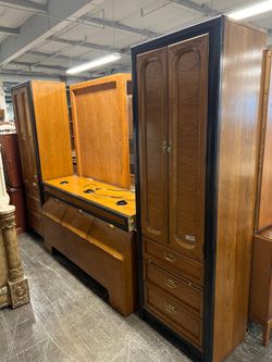 Mid-Century Thomasville Modern Hardwood Armoire Set with Storage Cabinets