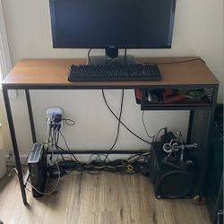 Computer desk with wheels on one end. 