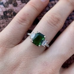 Size 7 2.5ct Lab Created Emerald Ring Three-Stone White Gold Plated Engagement