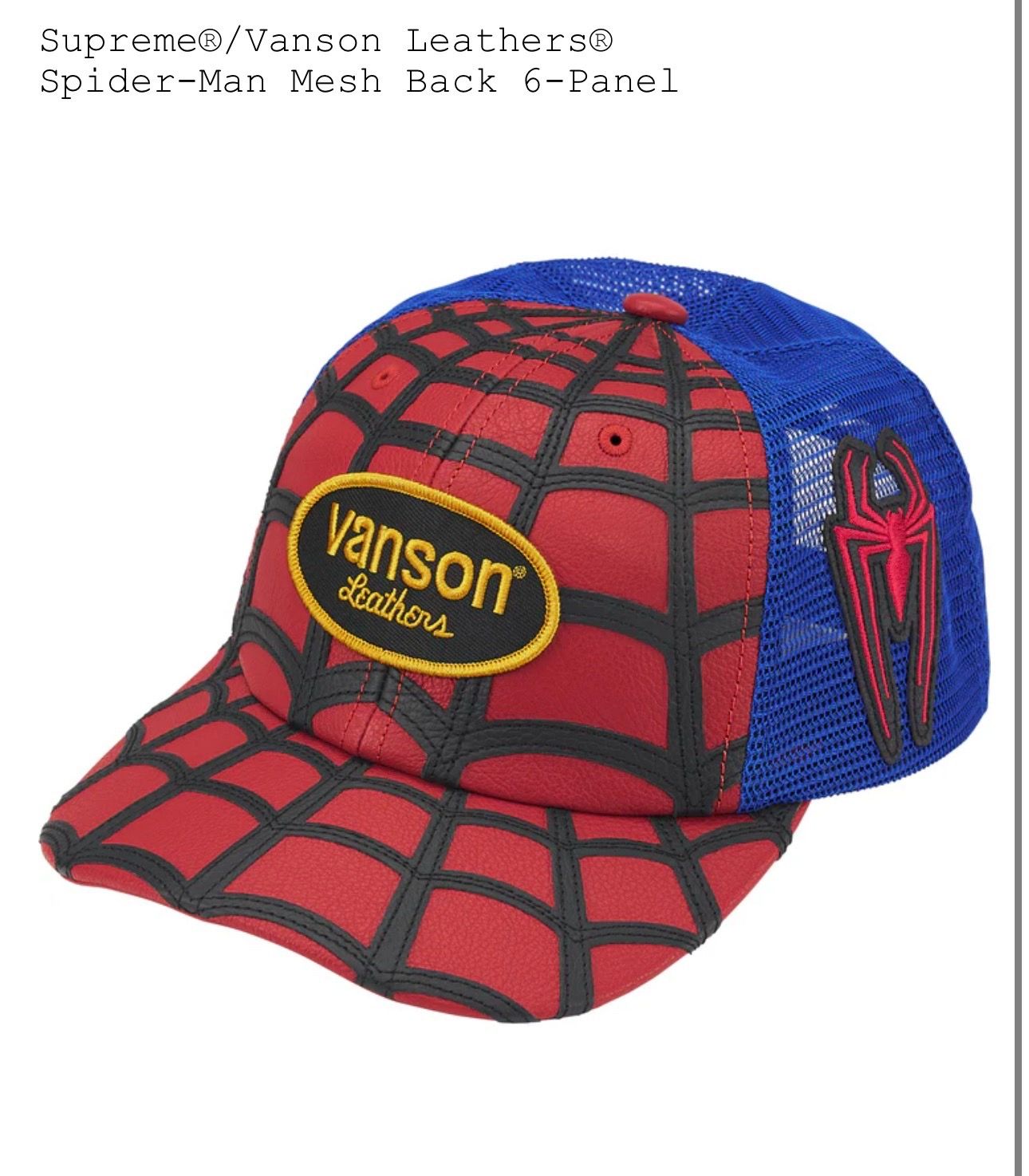 Supreme Vanson Leathers Spider-Man mesh back 6 panel hat