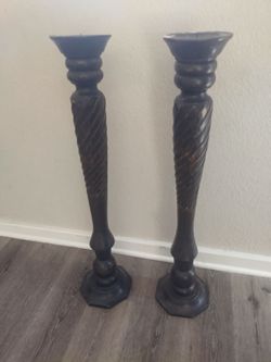 Tall Dark Wood Pillar Candlestick Holders Set of 2