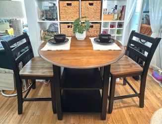 3 Piece Black & Natural Drop Leaf Storage Counter-Height Dining Set