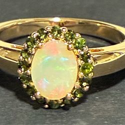 Ethiopian Opal with Green Tourmaline Gold over Sterling Silver Ring
