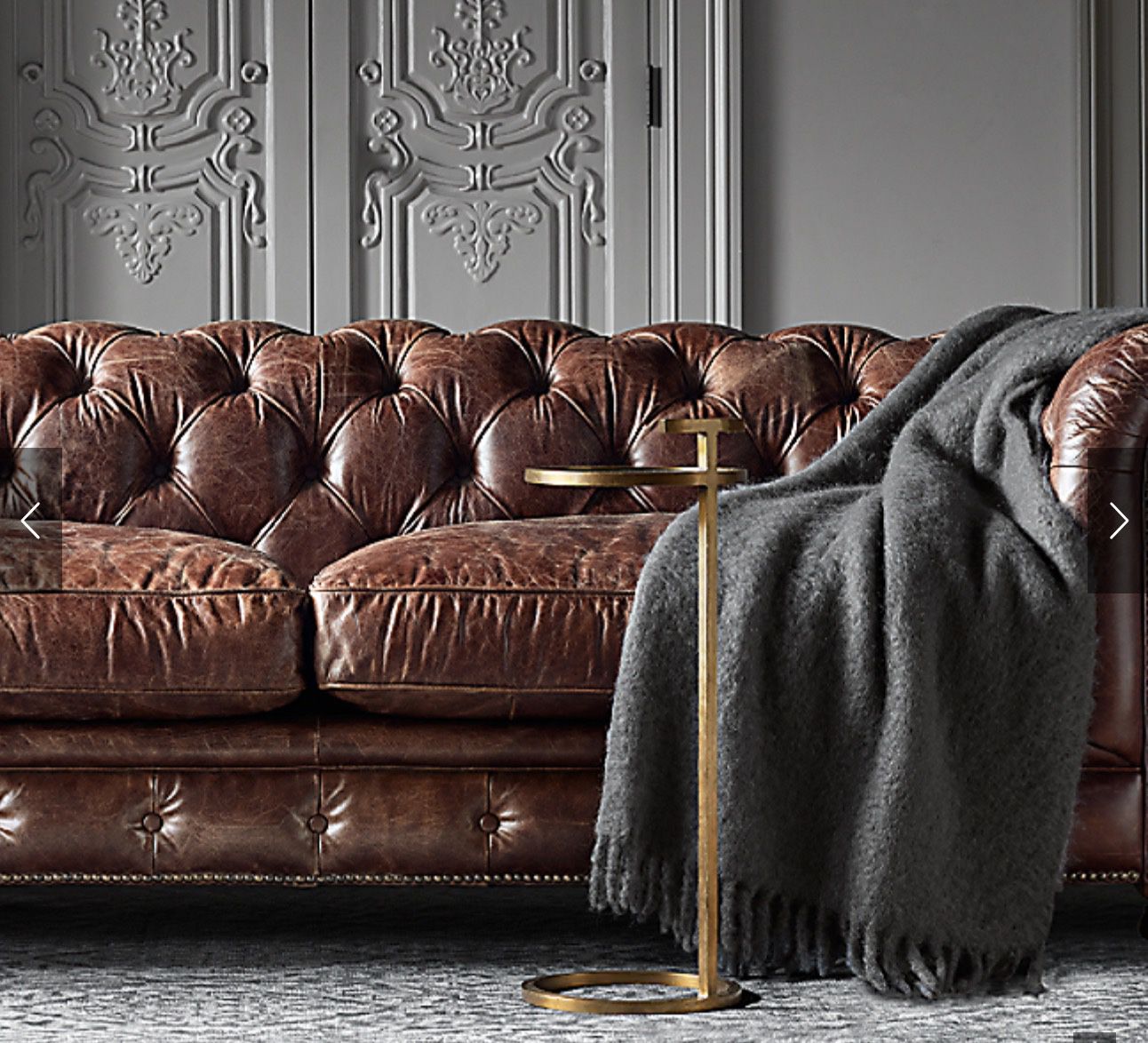 Restoration Hardware Aged Brown Leather Chesterfield Style Sofa