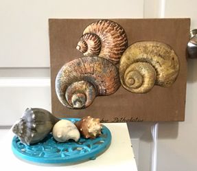 Canvas/Fabric Colorful “Turbo Petholatus” Shell Decor & Turquoise Metal Trivet w/ Matching Shells