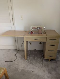 Vintage Necchi Sewing Machine That Hides Inside Desk With Drawers.  Original Supplies.