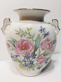 Ceramic Vase with Gold Trim Pink and Lavender Flowers Fine China Japan Vintage