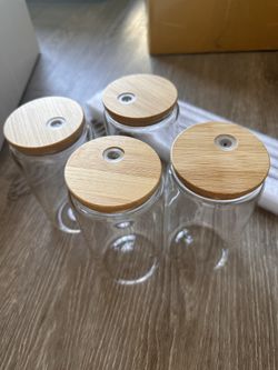 Drinking Glass with Bamboo Lids, Glass Straws, and Straw Brush Cleaners