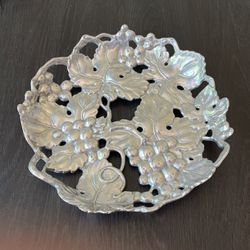 Vintage Decorative Metal Plate with Intricate Fruit & Leaf Design