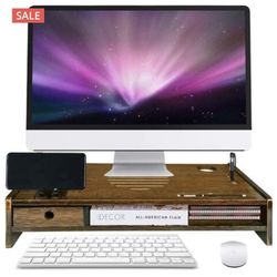 Sundale Bamboo Monitor Stand Riser, Computer Laptop Shelf Desktop Organizer with Drawers & Cellphone Shelf for Home and Office Use, Walnut