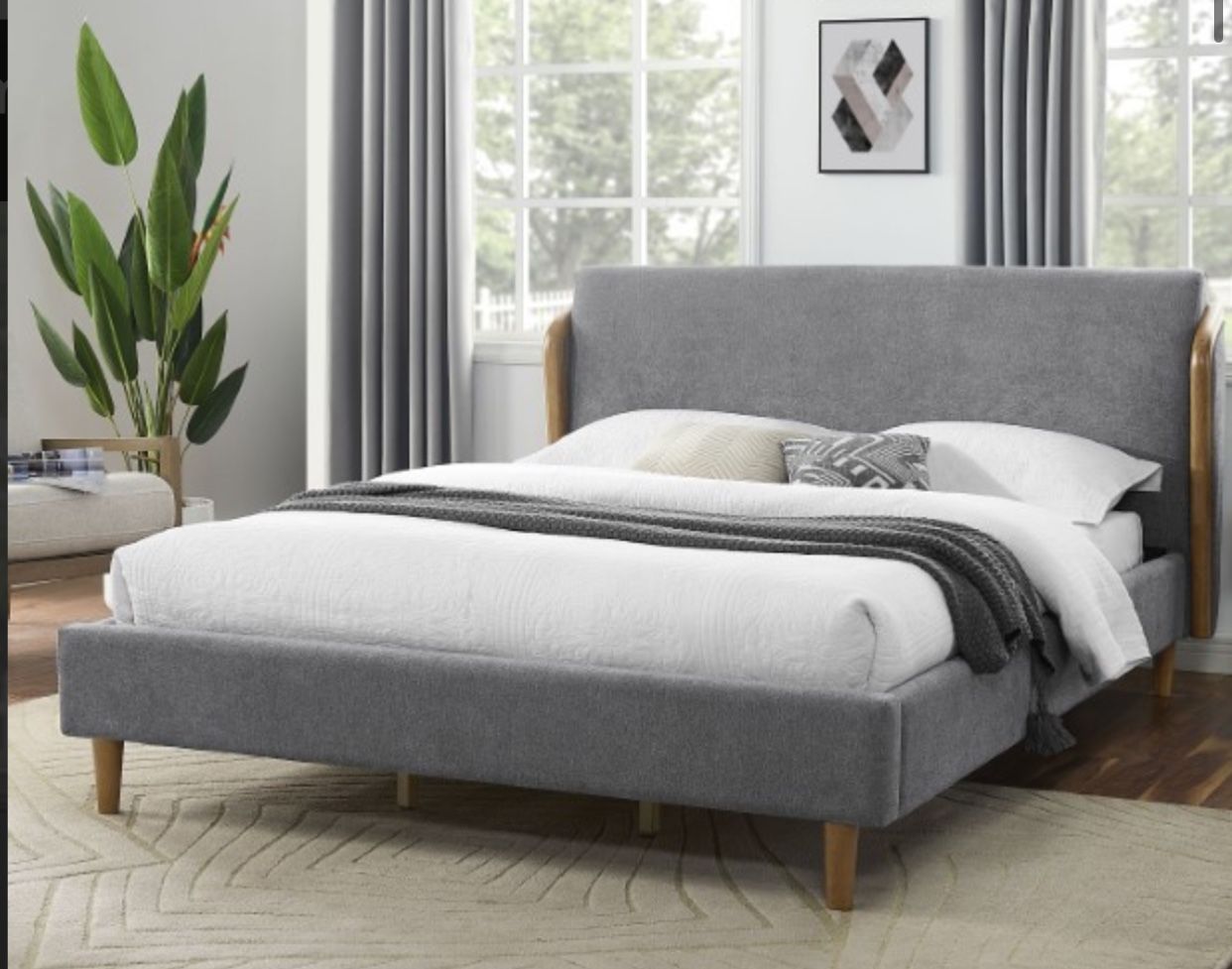 Brand New California Cal King Platform Grey Fabric Wood Trim Mid Century Modern Bed