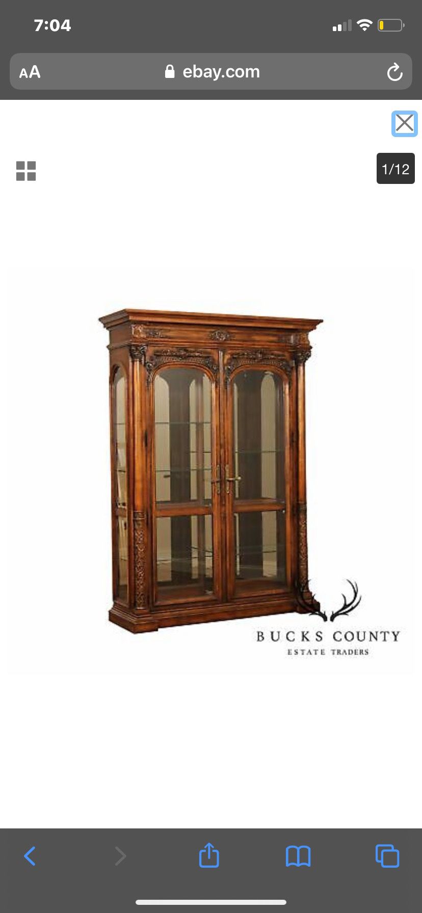 High Quality Large 2 Door Aged Walnut Finish Carved Beveled Glass Display Cabinet with Thick Glass Shelves, Lighted Interior