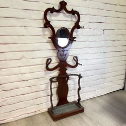 Tall Vintage Victorian Swan Motif Coat Rack Hall Tree W/ Umbrella Drip Pan