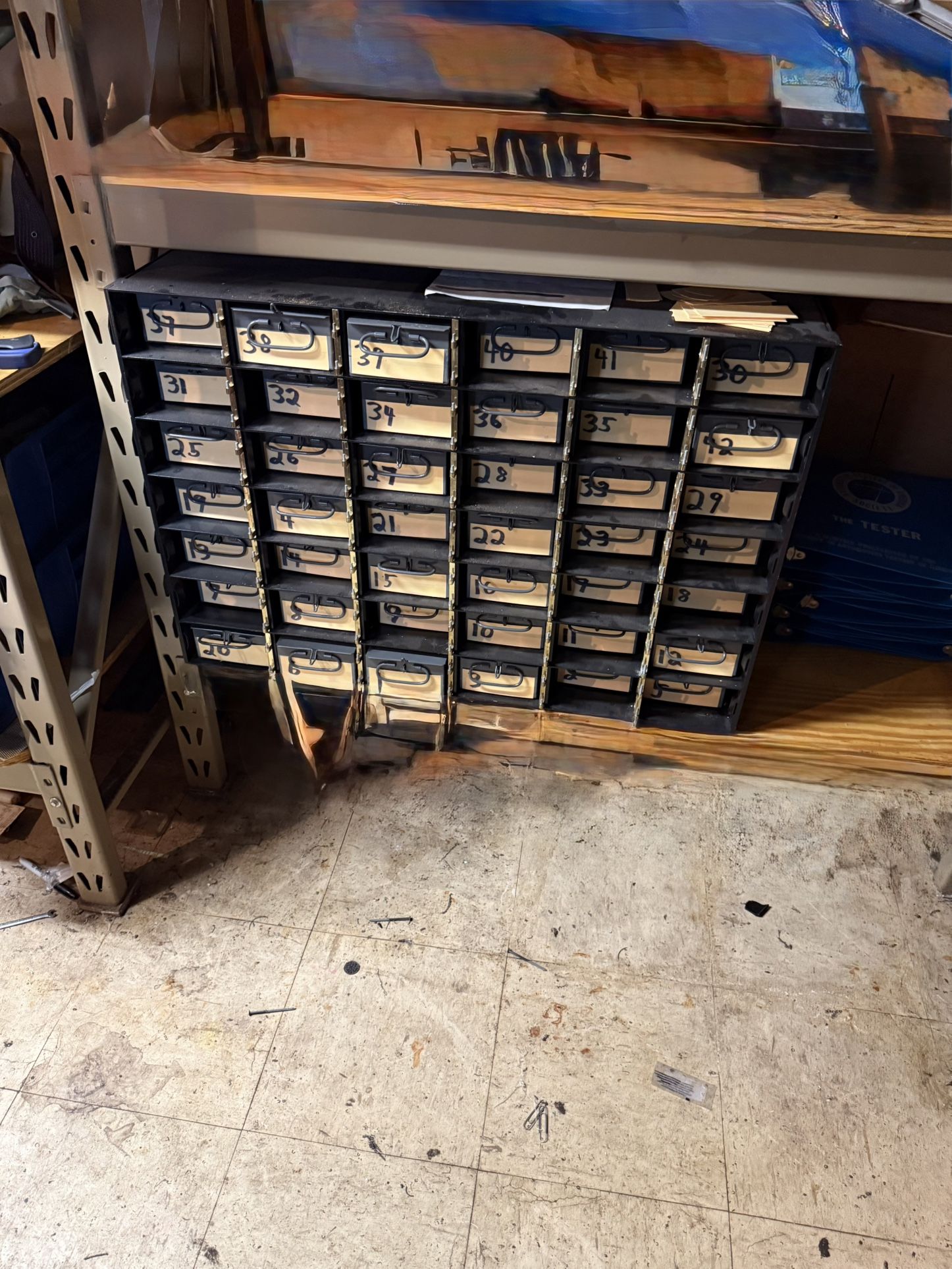 42 DRAWERS METAL CABINET IN GOOD CONDITION. THE CABINET MEASURES 22 HIGH,33 WIDE AND 24 DEEP. EACH DRAWER IS 22 D, 5 W AND 3 T. $100 OR BEST OFFER