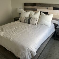 Queen Size Handcrafted Wood Platform Bed And End Tables