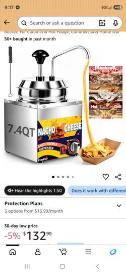 Nacho Cheese Sauce Warmer Dispenser, 7.4 Qt, 600W
Water Bath Heating, 6-Level Thermostat, Food-Grade SS304 Bucket, For Caramel & Hot Fudge, Commercial