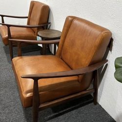 Furniture- Mid Century 100% Real Leather Winged Back Accent Chair- Jolene 