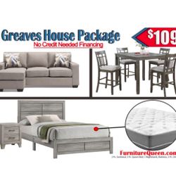 NEW 3 ROOM PACKAGE DEAL- BED MATTRESS DINING ROOM SECTIONAL SOFA AND MORE 