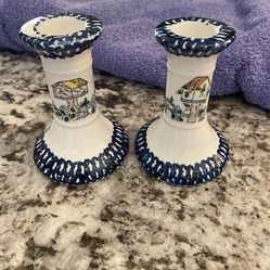 Blue & White Ceramic Spongeware Birdhouse Candlestick Holders (Set of 2)