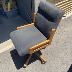 Vintage 90s Rolling Grey And Oak Fabric Desk Chair- Leans Back