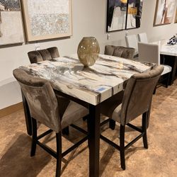 Counter Height Brown Velvet Chairs + Faux Marble Table Top