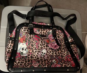 Ed Hardy Leopard Skull Floral Satchel Bag Studded Zip, Adjustable Strap