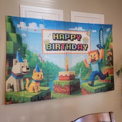 Minecraft Birthday Backdrop, Cake Topper, Candles