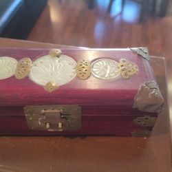 CHINESE CELADON JADE RED WOOD JEWELRY TRUNK BOX 