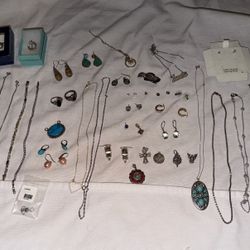 >60 piece lot of >half brand new STERLING SILVER >6.5 ounces Inc stones & 185 grams of sterling silver pieces 12 necklaces 12 pairs of earrings 12 pen